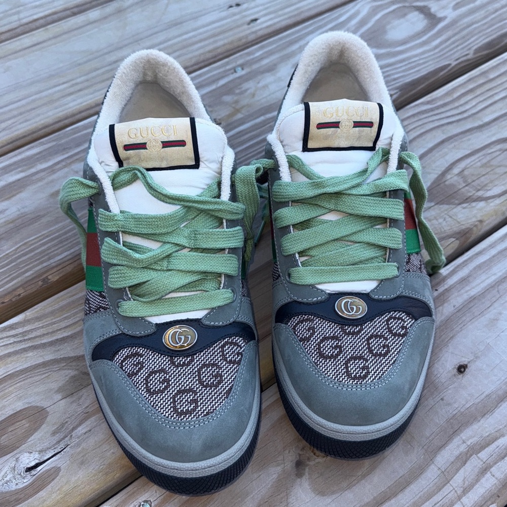 Gucci Green and Gray Screener Lace-Up Sneakers - Picture 2 of 6
